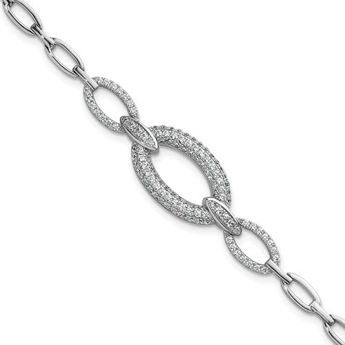 Sterling Silver Rhodium-plated CZ Oval Link 7in Bracelet