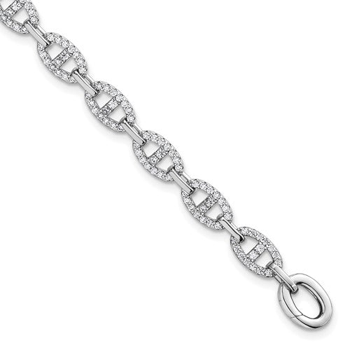 Sterling Silver Rhodium-plated Polished CZ Anchor Link Bracelet