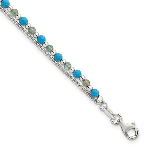 Sterling Silver Green Aventurine and Turquoise Beaded Bracelet