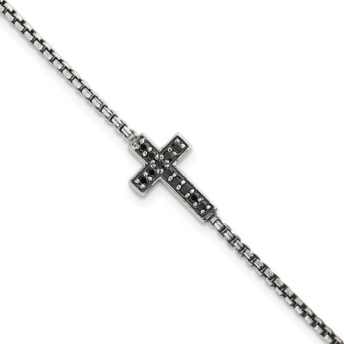 Sterling Silver Polished and Antiqued Black CZ Cross 7.5in Bracelet