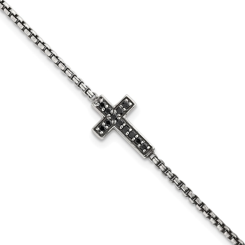 Sterling Silver Polished and Antiqued Black CZ Cross 7.5in Bracelet