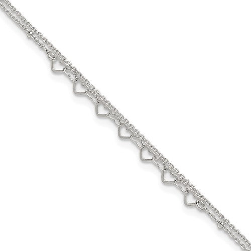 Sterling Silver Polished and Beaded Hearts 2-Strand 9in Plus 1in Ext Anklet
