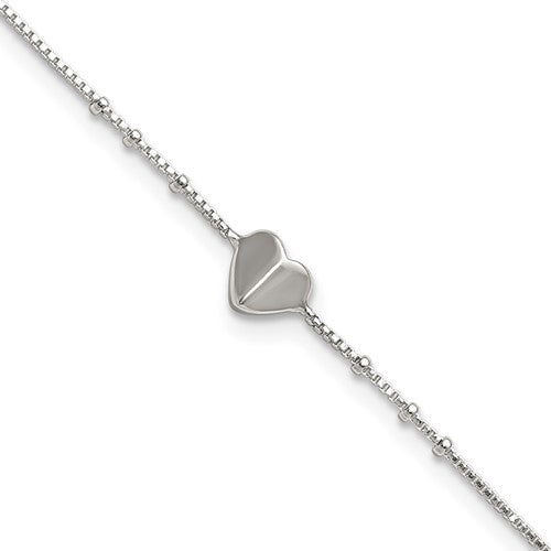 Sterling Silver Polished and Beaded Heart 9in Plus 1in Ext Anklet