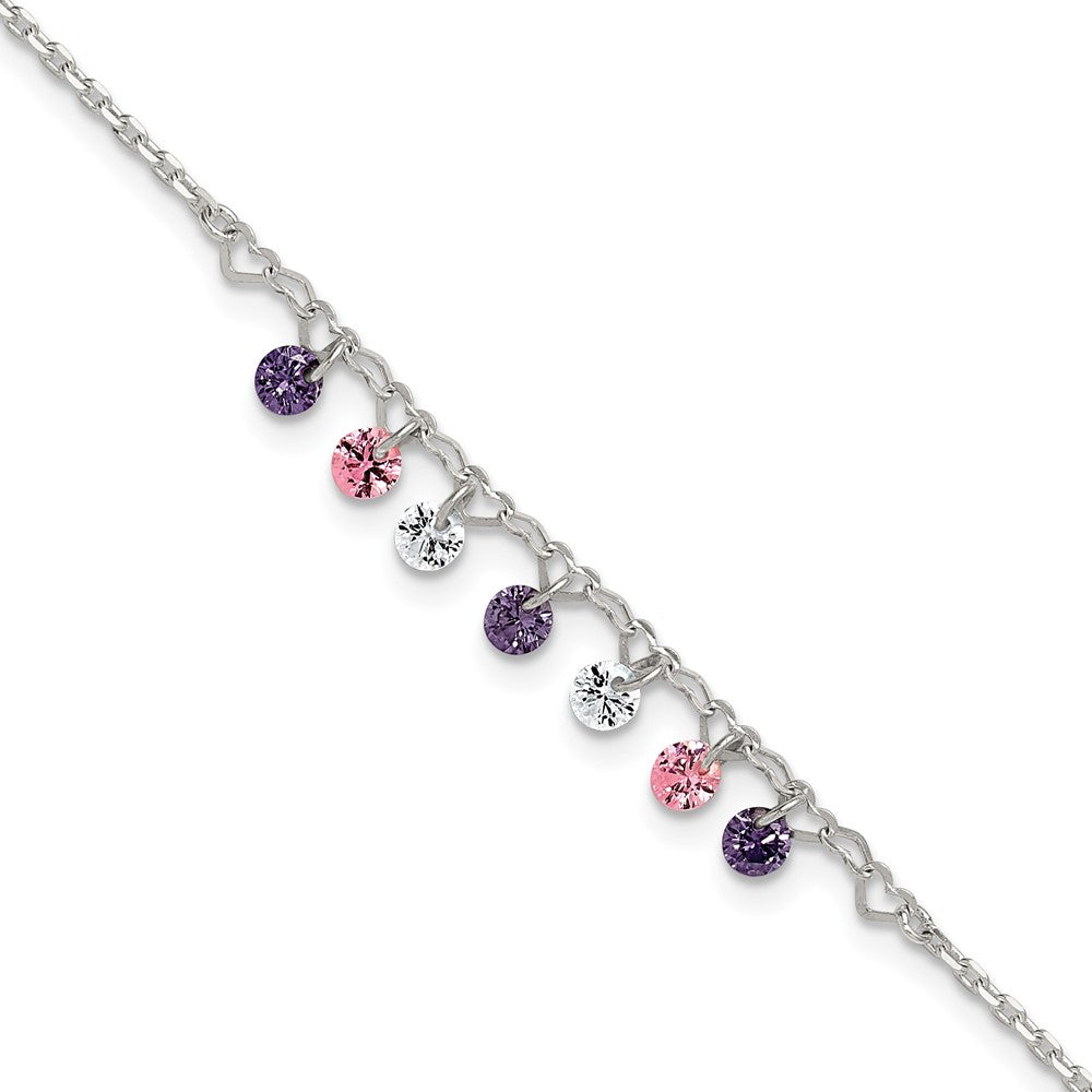 Sterling Silver Polished Multicolor CZ and Hearts 9in Plus 1in Ext Anklet