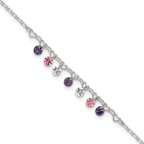 Sterling Silver Polished Multicolor CZ and Hearts 9in Plus 1in Ext Anklet