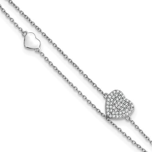 Sterling Silver RH-plated Two-Strand CZ Hearts 9in Plus 1in Ext Anklet