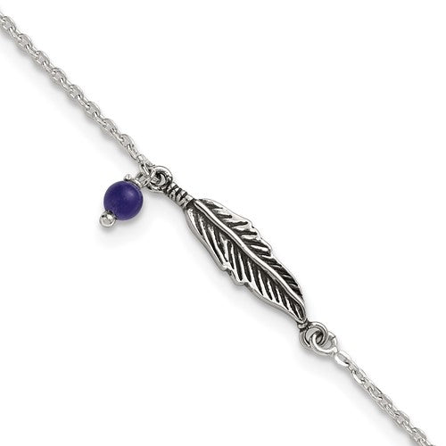 SSilver Oxidized Polished Blue Lapis Bead and Feather 9in Plus 1in Ext Ankl