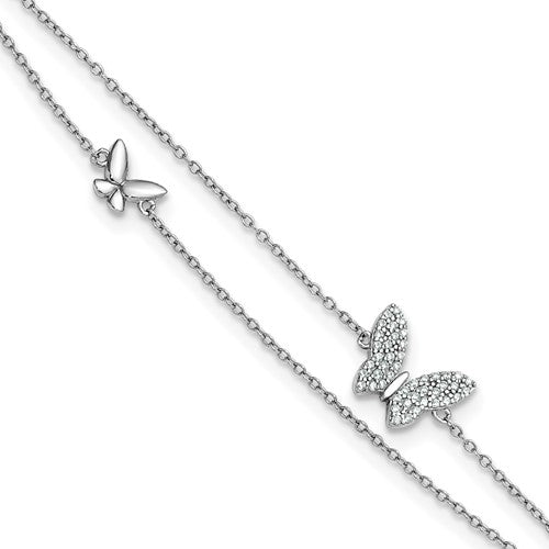 SSilver RH-plated Two-Strand CZ Butterflies 9in Plus 1in Ext Anklet
