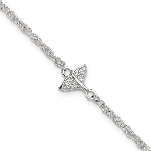 Sterling Silver Polished CZ Whale Tail 9in Plus 1in Ext Anklet