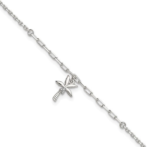 Sterling Silver Polished CZ Palm Tree 9in Plus 1in Ext Anklet