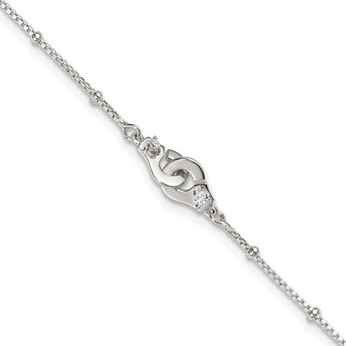 Sterling Silver Beaded CZ Interlinking Circles 9in Plus 1in Ext Anklet