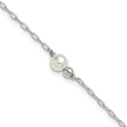 Sterling Silver Polished Bead and Glass Pearl 9in Plus 1in Ext Anklet
