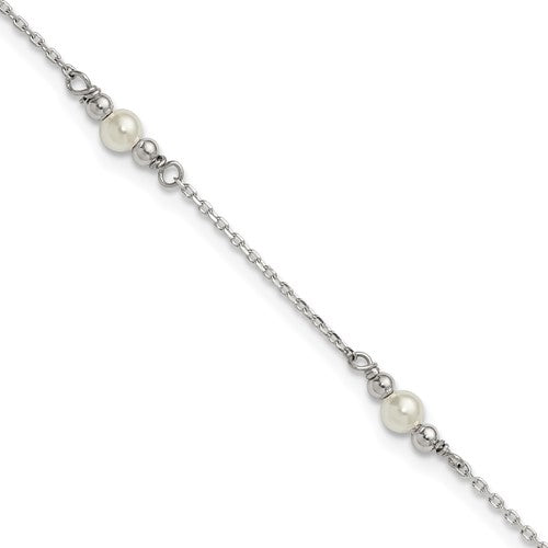 Sterling Silver Polished and Beaded Acrylic Pearl 9in Plus 1in Ext Anklet