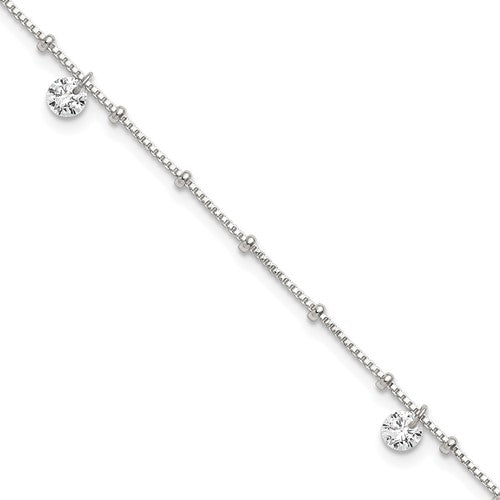 Sterling Silver Polished and Beaded CZ 9in Plus 1in Ext Anklet