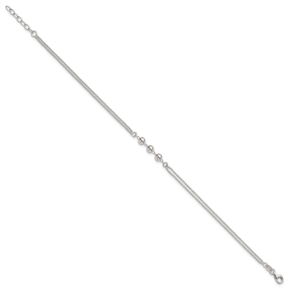 Sterling Silver Polished Beaded 2-Strand 9in Plus 1in Ext Anklet