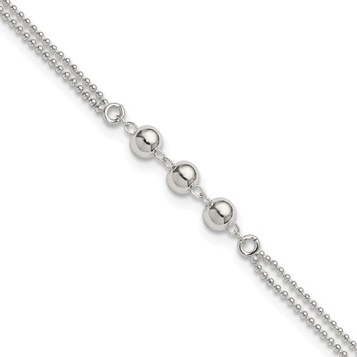 Sterling Silver Polished Beaded 2-Strand 9in Plus 1in Ext Anklet