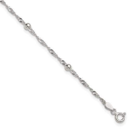 Sterling Silver Polished and Beaded Fancy Link 9in Plus 1in Ext Anklet