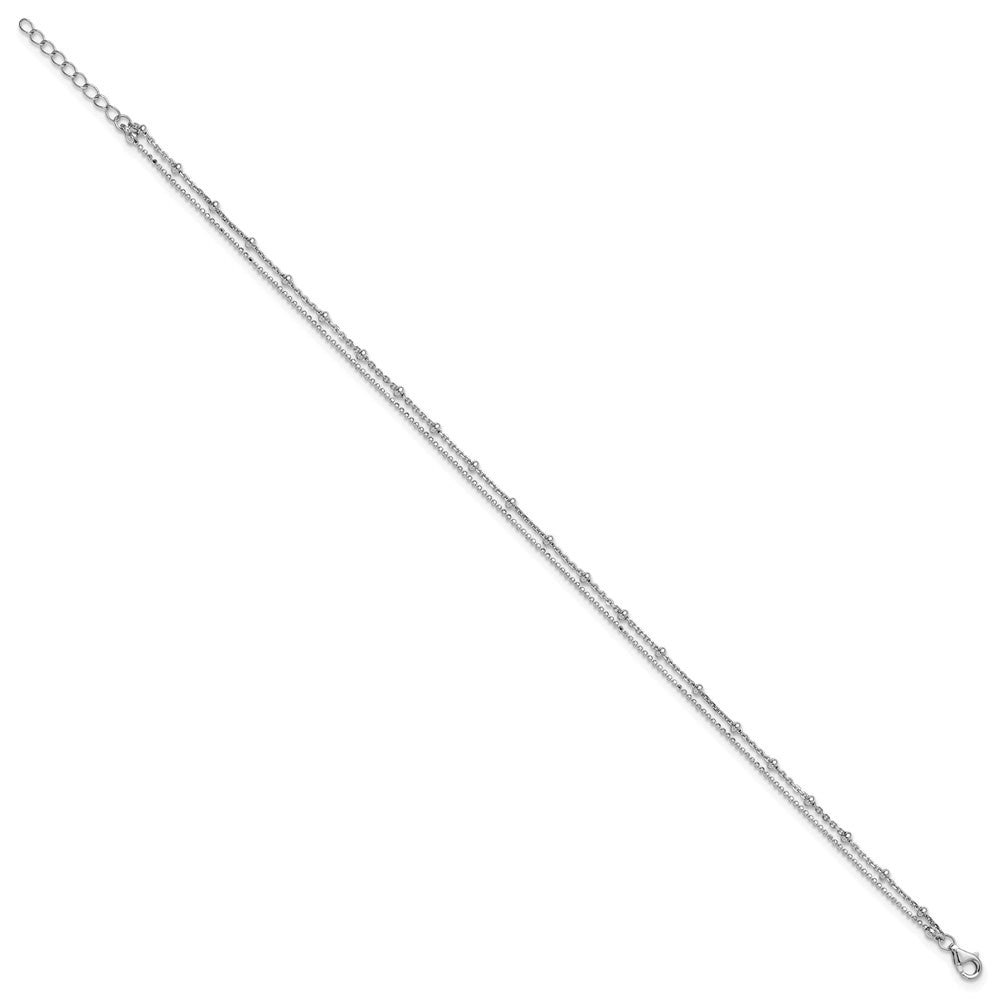 Sterling Silver RH-plated Beaded 2-Strand 9in Plus 1in Ext Anklet