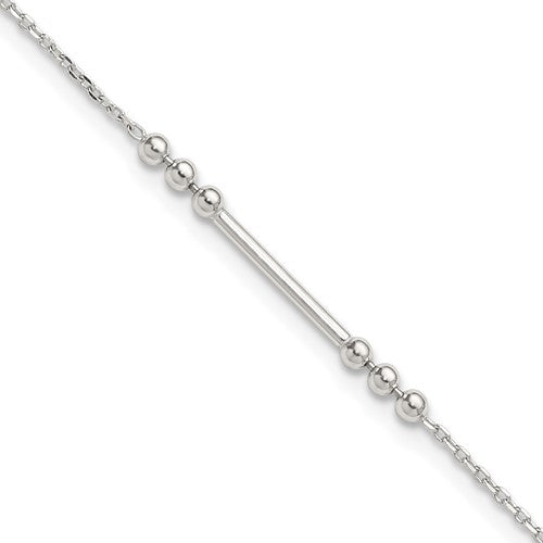Sterling Silver Polished and Beaded Bar 9in Plus 1in Ext Anklet