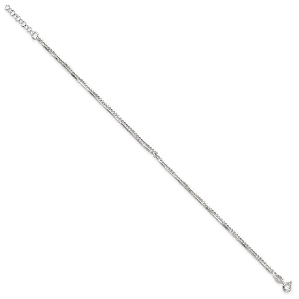 Sterling Silver Polished Beaded 2 Strand 9in Plus 1in Ext Anklet