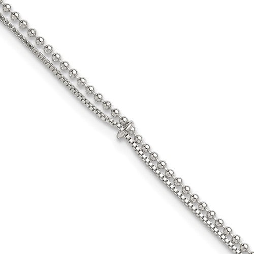 Sterling Silver Polished Beaded 2 Strand 9in Plus 1in Ext Anklet