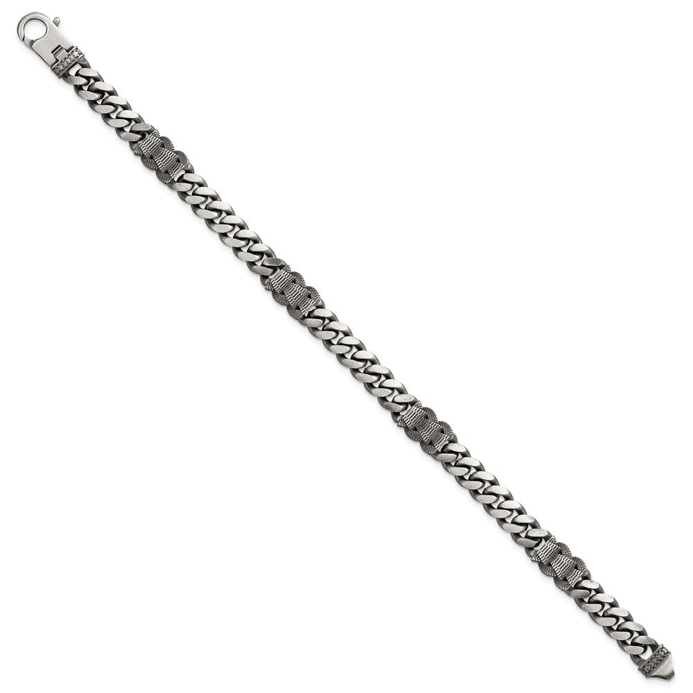 Sterling Silver Black Ruthenium Brushed Flat Curb Chain Men's Bracelet