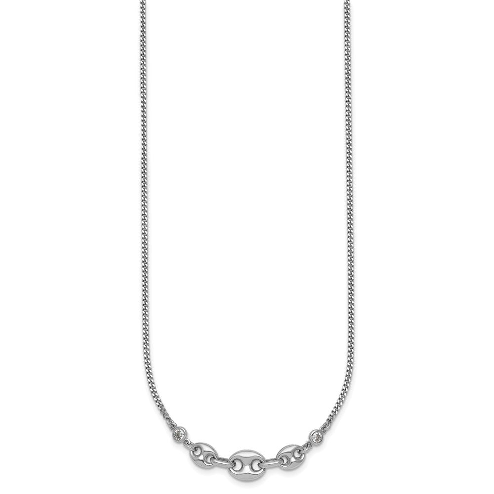 Sterling Silver Rh-plated CZ Puffed Mariner 16in w/ 2in Ext Necklace