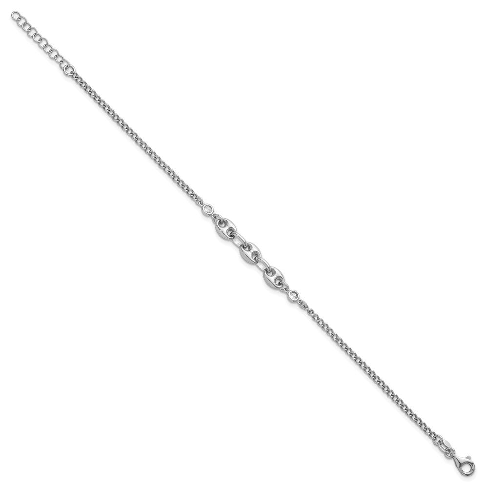 Sterling Silver Rh-plated CZ Puffed Mariner 7in w/ 1in Ext Bracelet