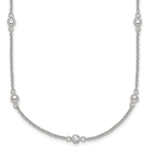 Sterling Silver Polished and Beaded CZ 16.75in w/.5in Ext Necklace