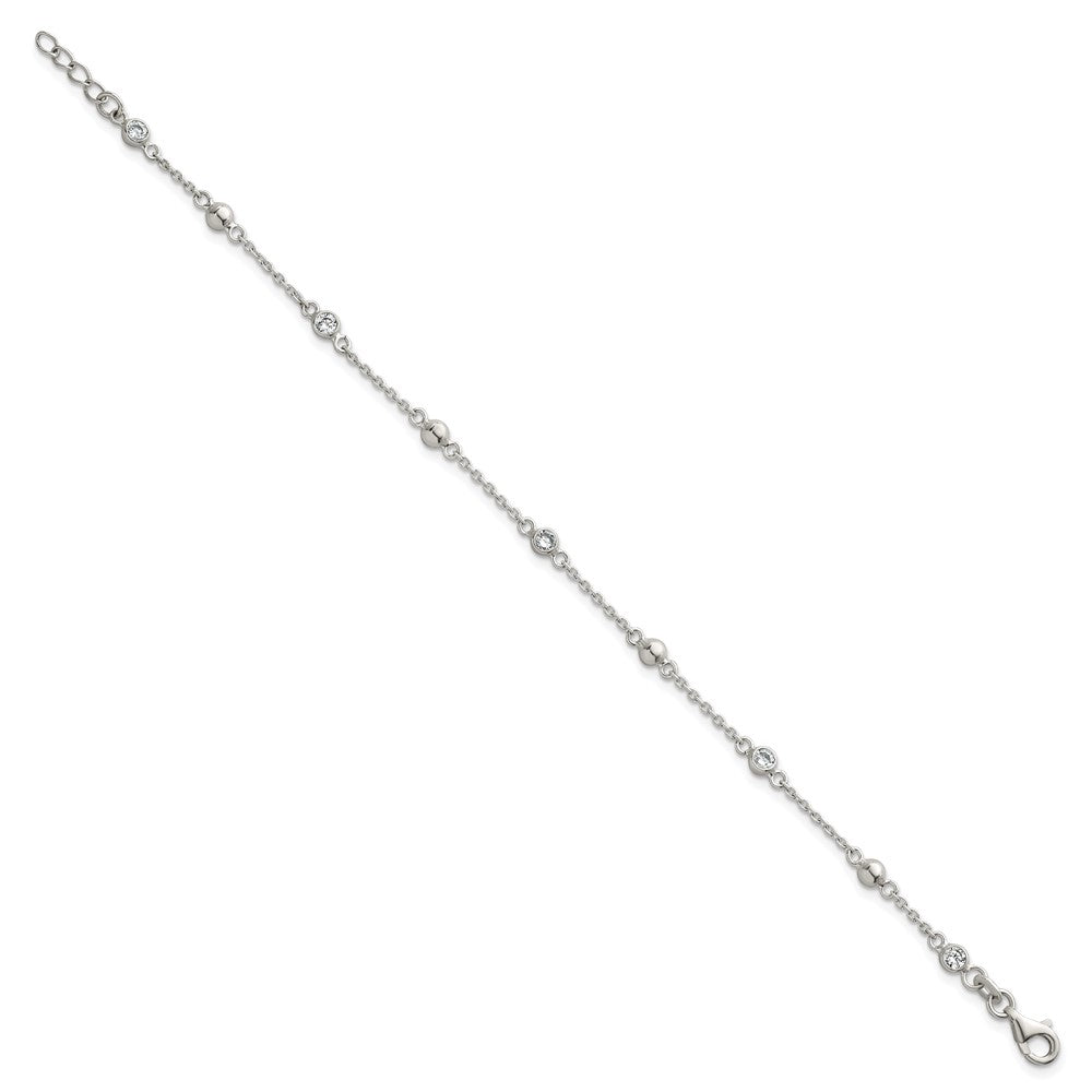 Sterling Silver Polished and Beaded CZ 7in w/.5in Ext Bracelet