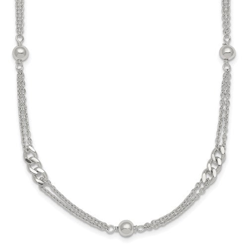 SS Polished and Beaded Fancy 2-Strand Link 17.5in Necklace