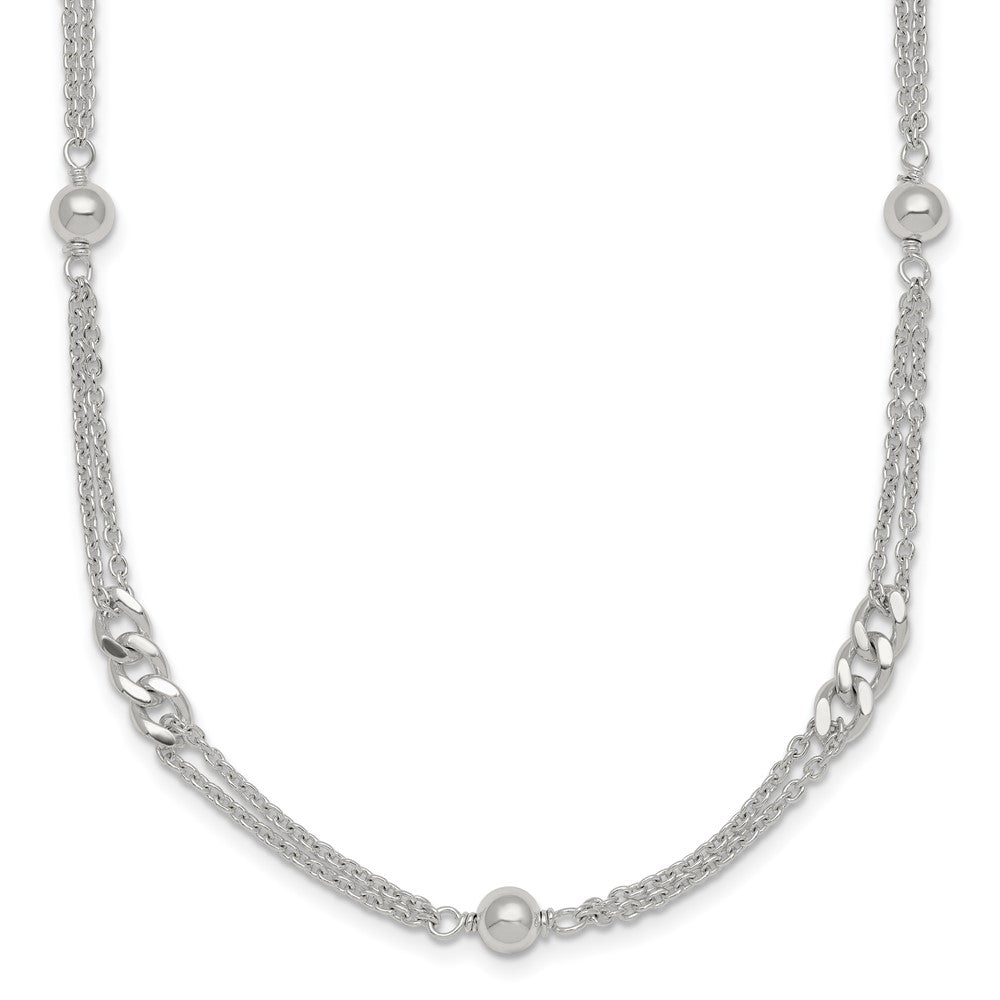 SS Polished and Beaded Fancy 2-Strand Link 17.5in Necklace