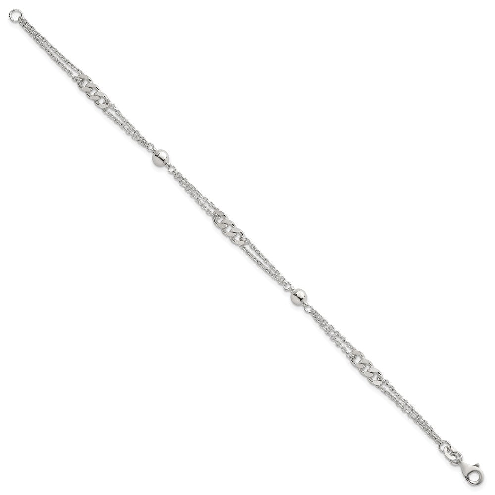 Sterling Silver Polished and Beaded Fancy 2-Strand Link 7.25in Bracelet
