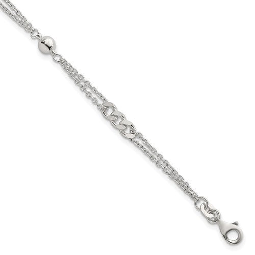 Sterling Silver Polished and Beaded Fancy 2-Strand Link 7.25in Bracelet