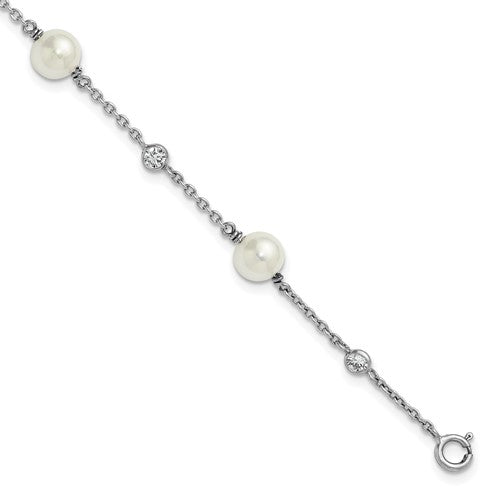 Sterling Silver RH-pltd Polished CZ and Shell Pearl 7in w/.5in Ext Bracelet