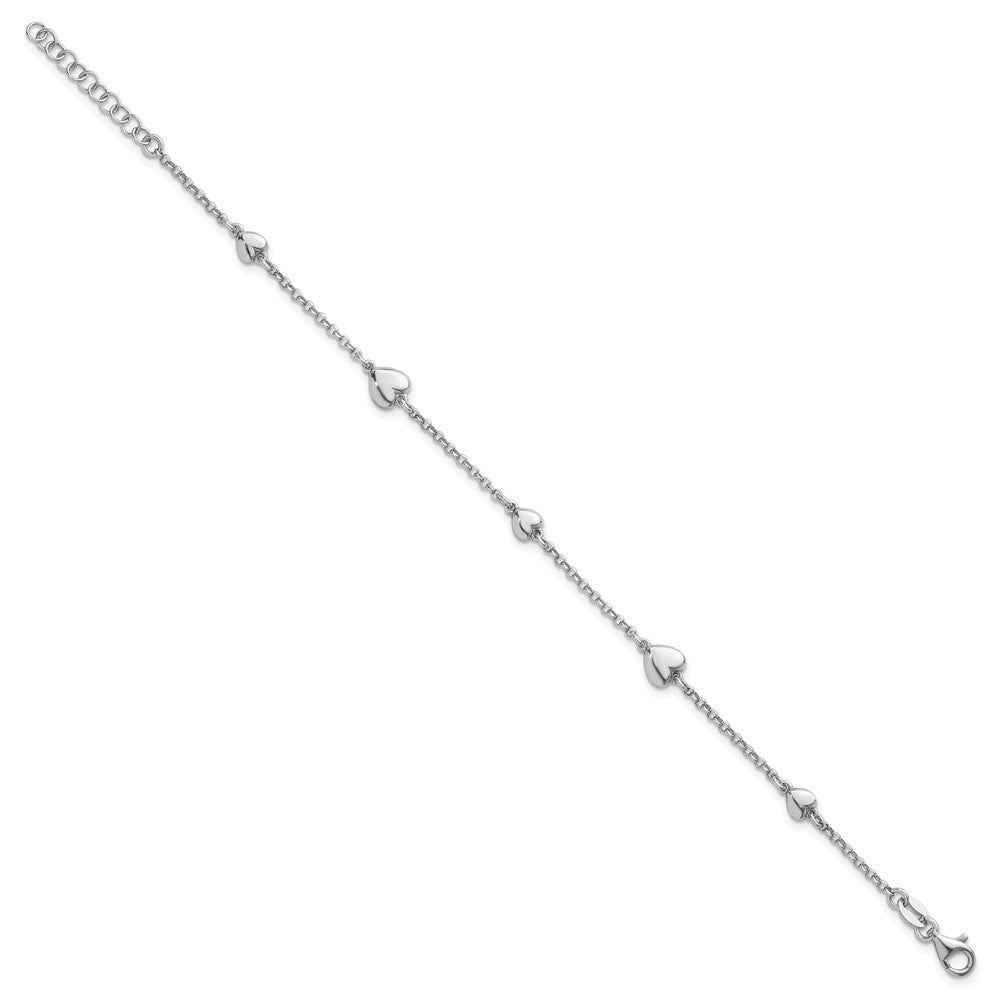 Sterling Silver Rh-plated Polished Hearts 7in w/ 1in Ext Bracelet
