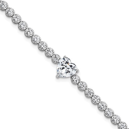 Sterling Silver RH-plated Polished Round and Heart CZ 7.25in Bracelet