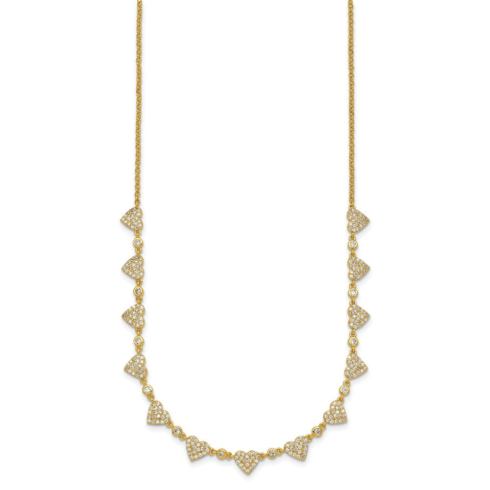 Sterling Silver Gold-tone Polished Pave CZ Hearts 16in w/ 2in Ext Necklace