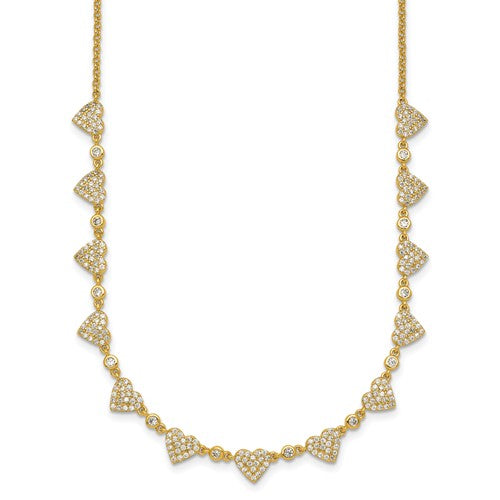 Sterling Silver Gold-tone Polished Pave CZ Hearts 16in w/ 2in Ext Necklace