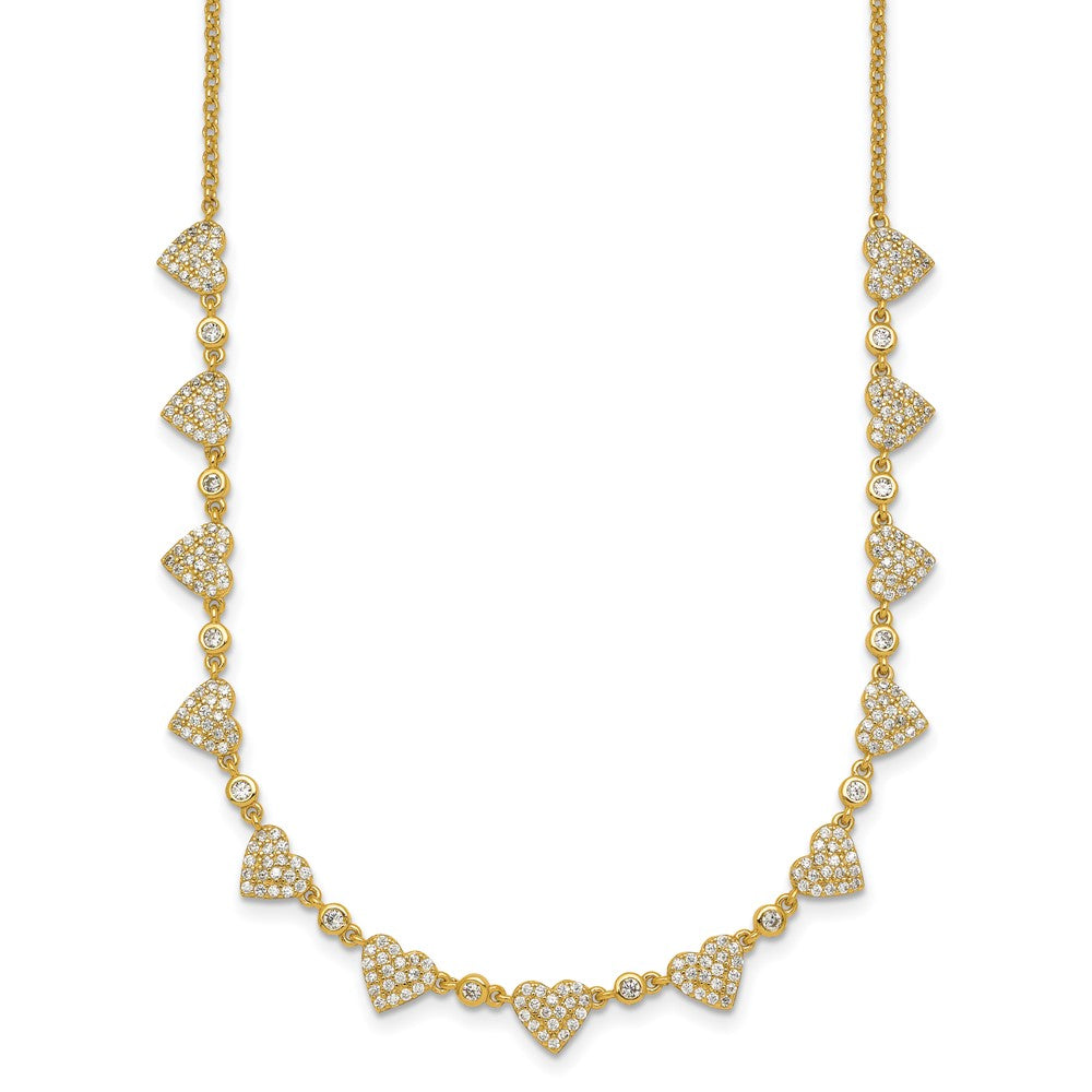 Sterling Silver Gold-tone Polished Pave CZ Hearts 16in w/ 2in Ext Necklace