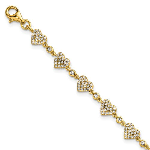 Sterling Silver Gold-tone Polished Pave CZ Hearts 7in w/ 1in Ext Bracelet