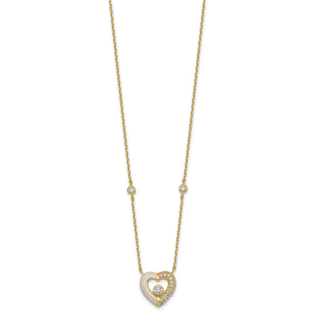 Sterling Silver Gold-tone CZ Enamel Heart 16in w/1.5in ext Necklace