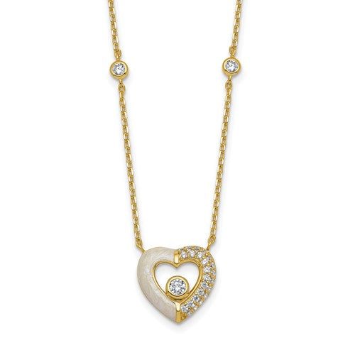 Sterling Silver Gold-tone CZ Enamel Heart 16in w/1.5in ext Necklace