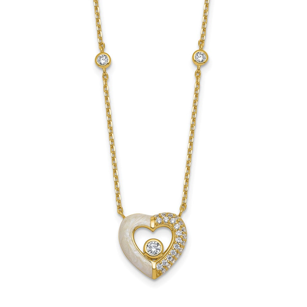 Sterling Silver Gold-tone CZ Enamel Heart 16in w/1.5in ext Necklace