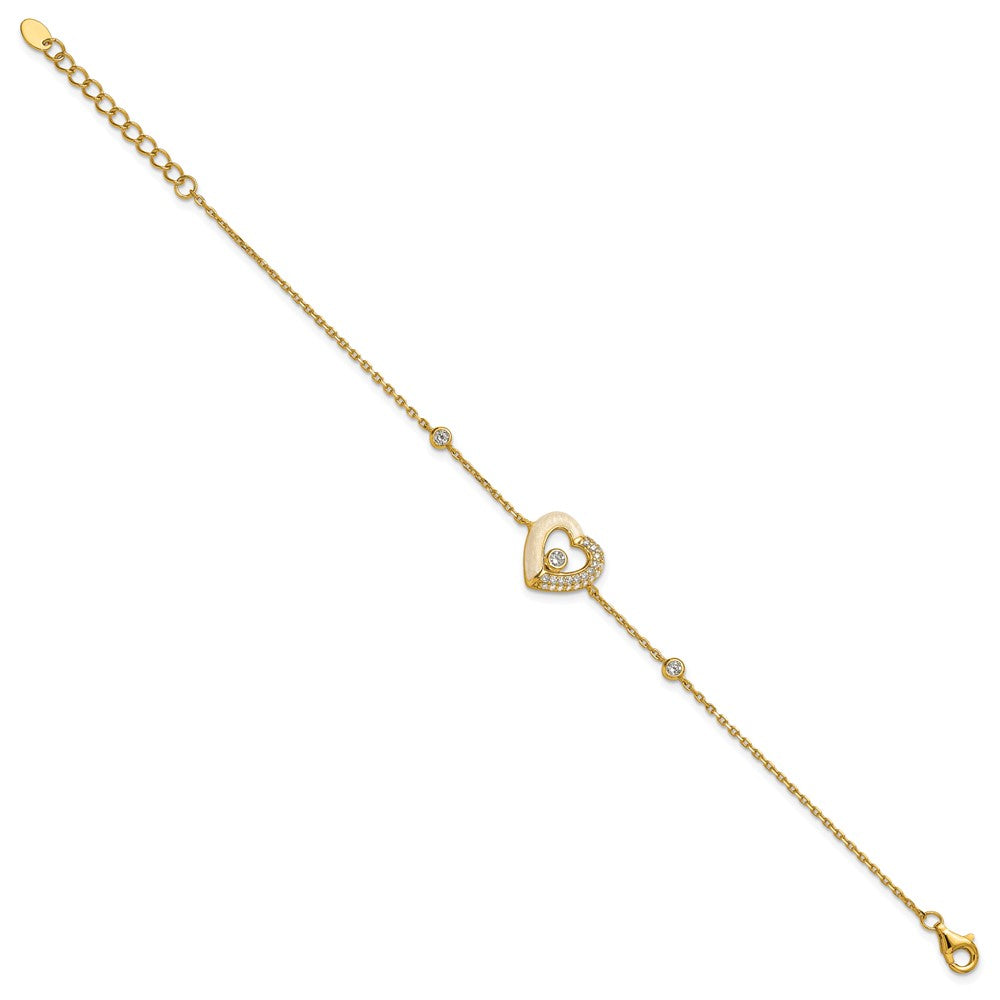 Sterling Silver Gold-tone CZ Enamel Heart 7in. w/.5in ext Bracelet