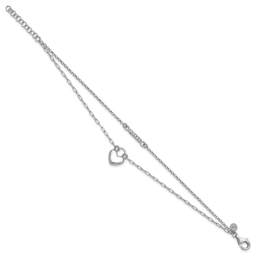 Sterling Silver Rhodium-plated CZ Puff Heart 7 w/1in ext 2-strand Bracelet