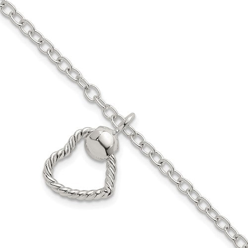 Sterling Silver Polished and Twisted Heart 7.5 Inch Bracelet