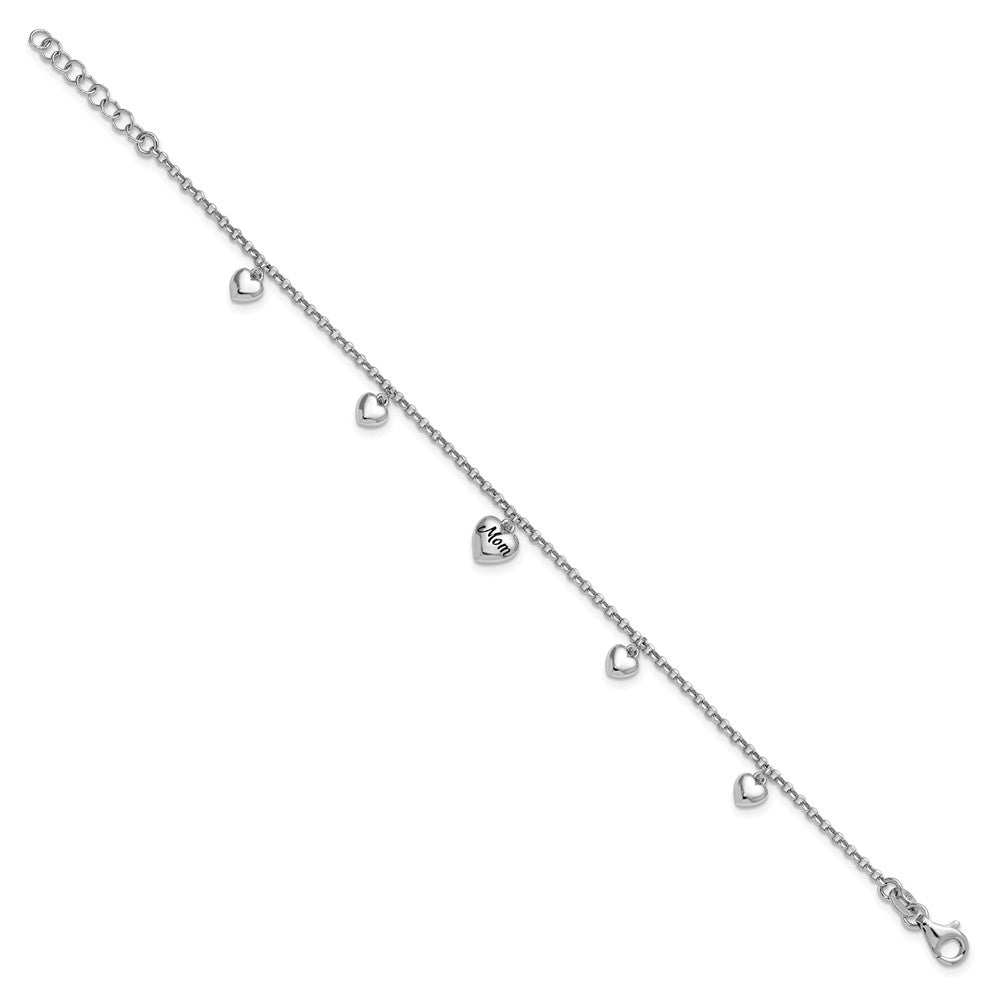 Sterling Silver Rh-plat Heart Enamel Mom Heart 6.5in w/.75in ext Bracelet