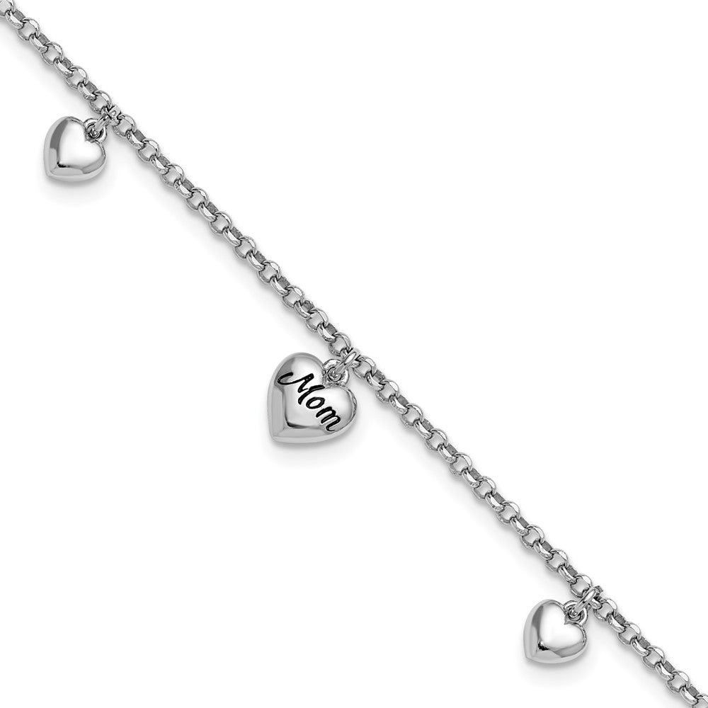 Sterling Silver Rh-plat Heart Enamel Mom Heart 6.5in w/.75in ext Bracelet