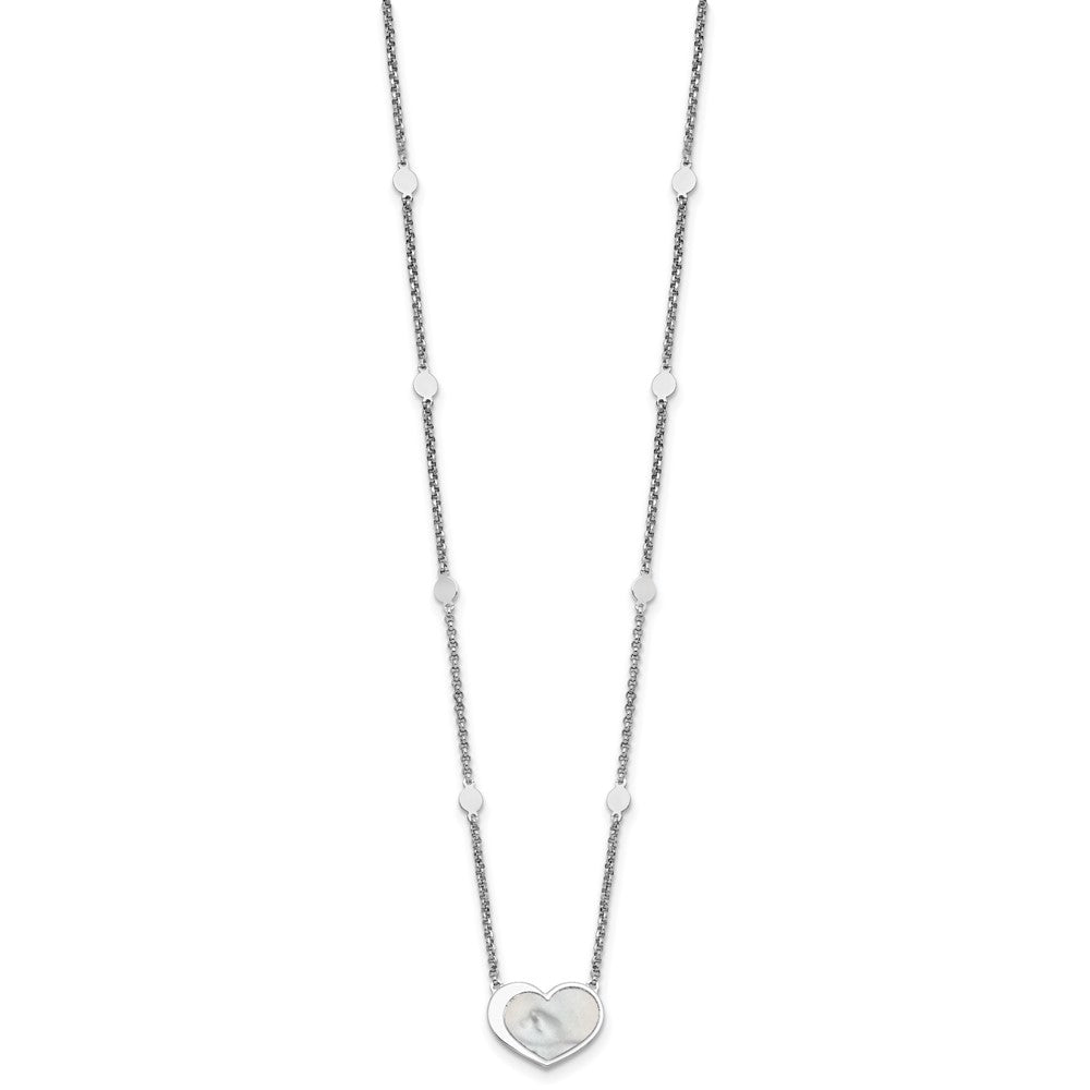 Sterling Silver Rhod-plated Mother of Pearl Heart 16in w/1in ext Necklace